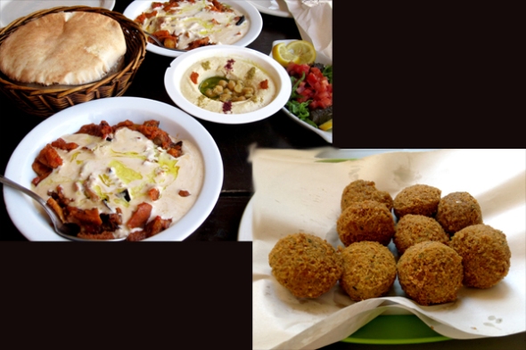 Upper left: Basket of fresh pita bread, hummus, fattah al maqdoos. Lower right: freshly made falafel (Falafel photo cred: Rosanna)